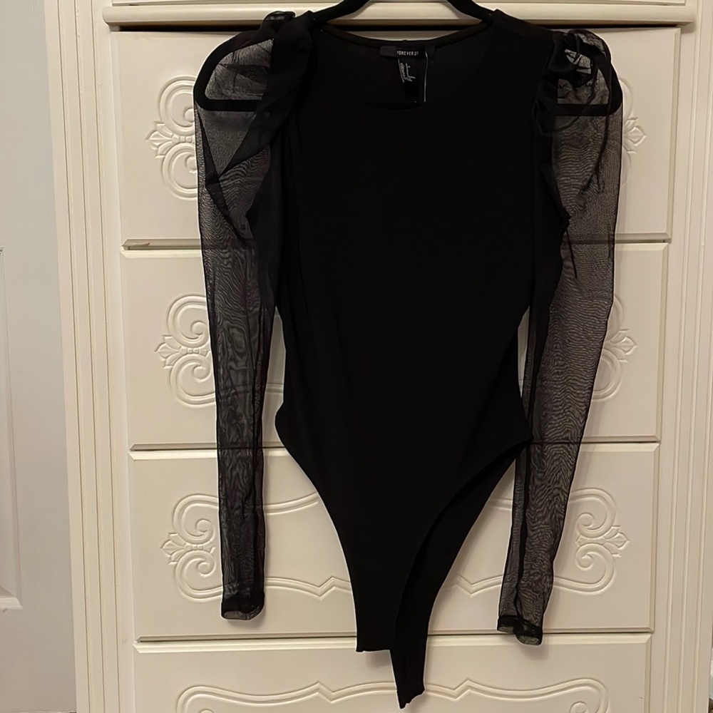 Black bodysuit with sheer sleeves
